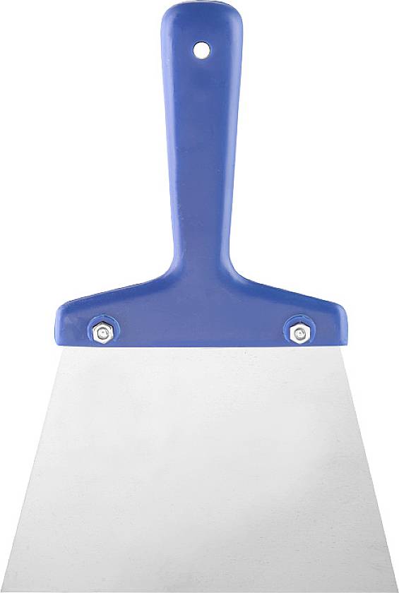 Un couteau à enduire bleu avec une large lame plate en métal. Utilisé pour les travaux de peinture ou pour enlever du papier peint.