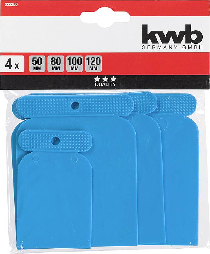 Quatre spatules en plastique bleu de différentes tailles (50 mm, 80 mm, 100 mm, 120 mm) dans un emballage avec le logo 'kwb Germany GmbH'.