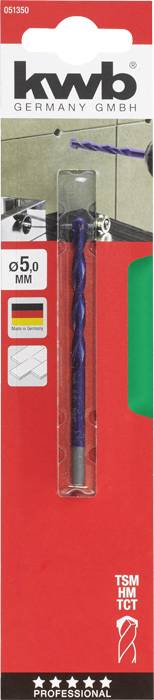 Emballage d'un foret de 5,0 mm de 'kwb Germany GmbH', pour béton, avec des couleurs allemandes, marqué de manière haut de gamme, adapté aux applications professionnelles.