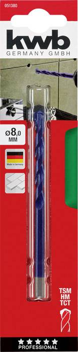 Emballage d'un foret KWB, 8,0 mm, pour carrelage. Contient un diagramme des types de forets et de leur utilisation. Emballage rouge, professionnel.