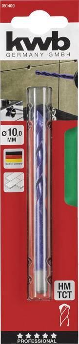 Emballage d'un foret de kwb Germany, diamètre de 10 mm, pour béton, montrant une scène d'application, fond rouge.
