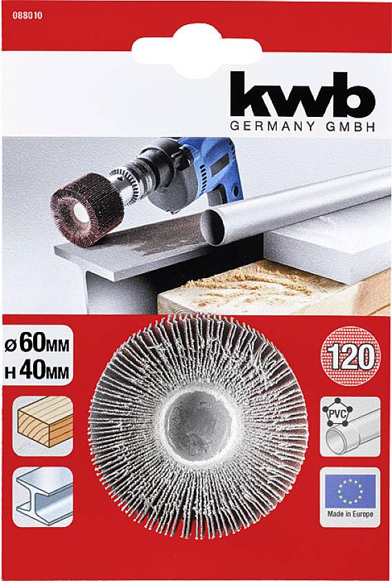 Brosse métallique pour outil électrique, adaptée au bois et au métal, diamètre 60 mm, hauteur 40 mm. Emballée par kwb Germany GmbH.