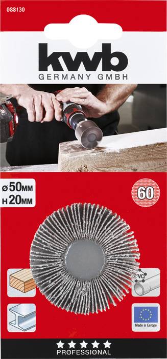 'Kwb Germany GmbH' Disque brosse d'emballage avec une image d'un artisan portant une perceuse, idéal pour les surfaces en bois et en métal.