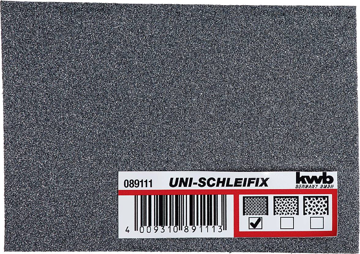 Papier abrasif gris avec étiquette 'UNI-SCHLEIFIX' et code-barres. Contient divers symboles d'utilisation, la marque 'kwb' est visible.