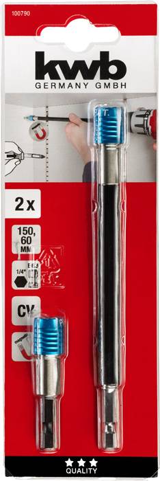 Emballage de rallonges de bits KWB, deux pièces, longueurs de 150 mm et 60 mm, avec supports de bits bleus.