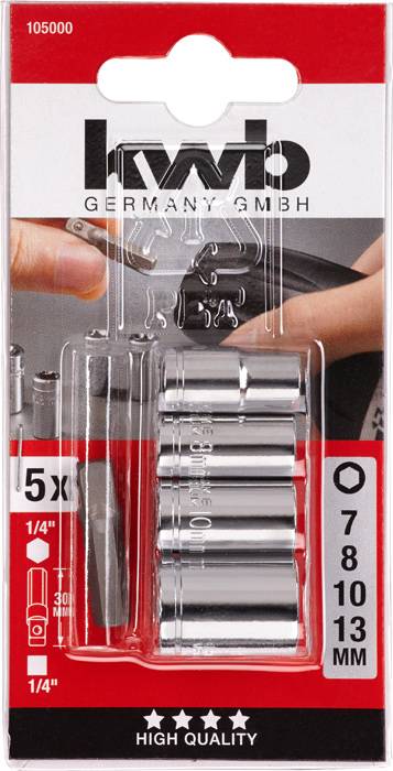 Emballage contenant cinq écrous à ergots de 7 à 13 mm et un embout de tournevis, promu comme 'HAUTE QUALITÉ', l'image montre l'outil en action.