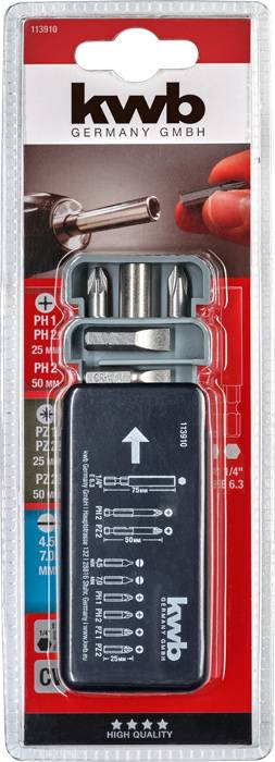 Emballage d'un set d'embouts de kwb Germany comprenant 6 embouts et un porte-embout magnétique, idéal pour un vissage précis.