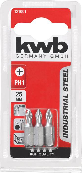 Trois embouts de tournevis dans un emballage portant l'inscription 'kwb GERMANY GMBH'. Type : PH1, Longueur : 25 mm, Matériau : Acier industriel.