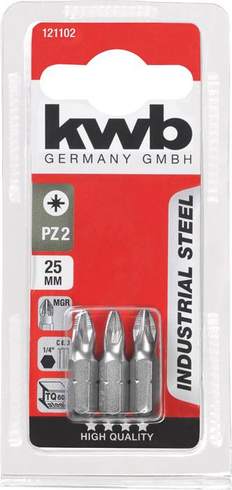 'Lot de trois embouts de tournevis PZ2 en acier inoxydable, longs de 25 mm, de KWB Germany GmbH, adaptés aux applications industrielles.'
