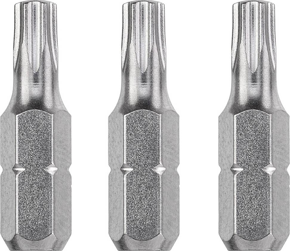 Trois embouts de tournevis Torx argentés alignés, de taille et de forme identiques, avec une pointe en étoile, sur un fond blanc.