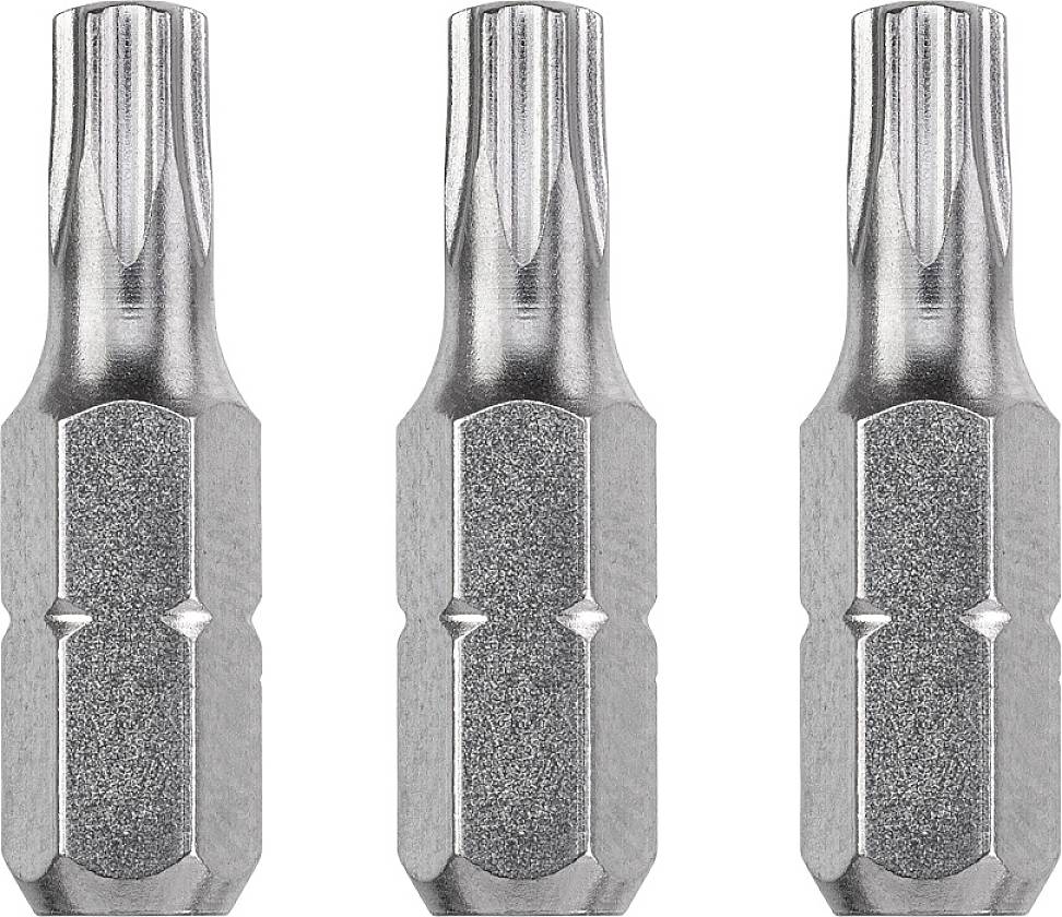 Trois embouts de tournevis en argent avec base hexagonale et pointe en étoile, alignés côte à côte sur un fond neutre.