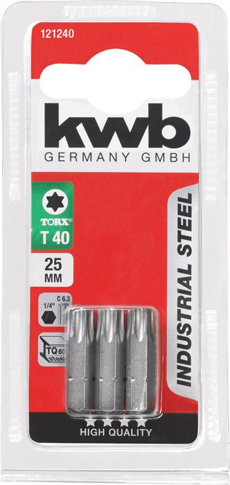 Emballage contenant trois embouts de tournevis Torx T40 en acier industriel, de 25 mm de long, marqués 'High Quality', de kwb Germany.