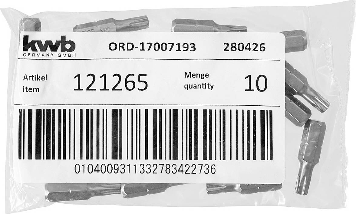 Sachet de embouts de tournevis, étiquette indiquant 'Article 121265', quantité '10', avec code-barres en dessous.