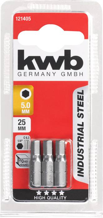 Trois têtes de vis industrielles en acier, 5 mm, 25 mm de long, emballées, marque KWB Germany GmbH, qualité supérieure.