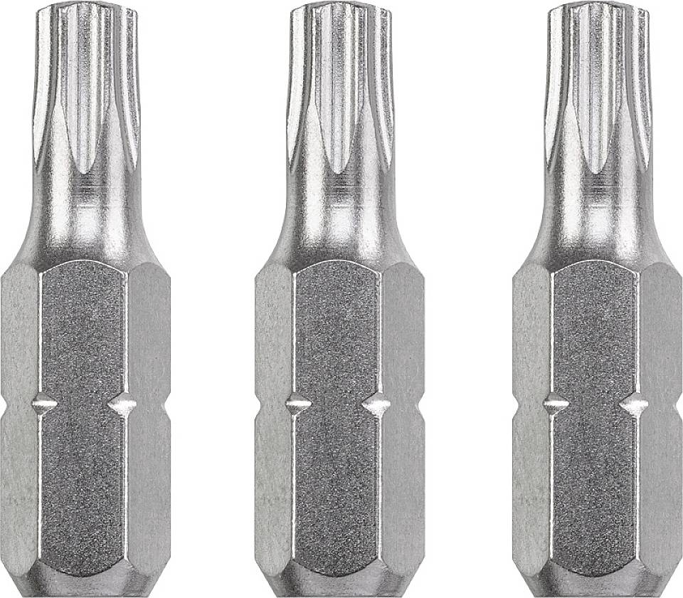 Trois embouts Torx argentés alignés, chacun avec six pans et une forme étoilée, sur un fond neutre.