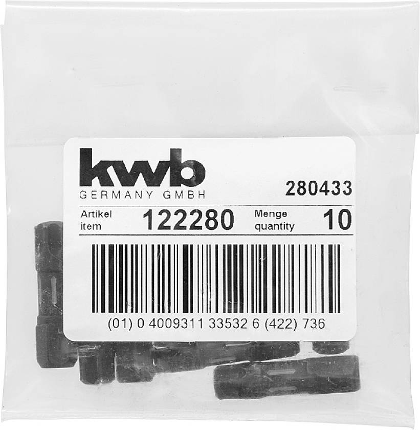Un sac en plastique portant l'inscription 'kwb Germany GmbH', numéro d'article '122280', et quantité '10'. Contient des vis noires.
