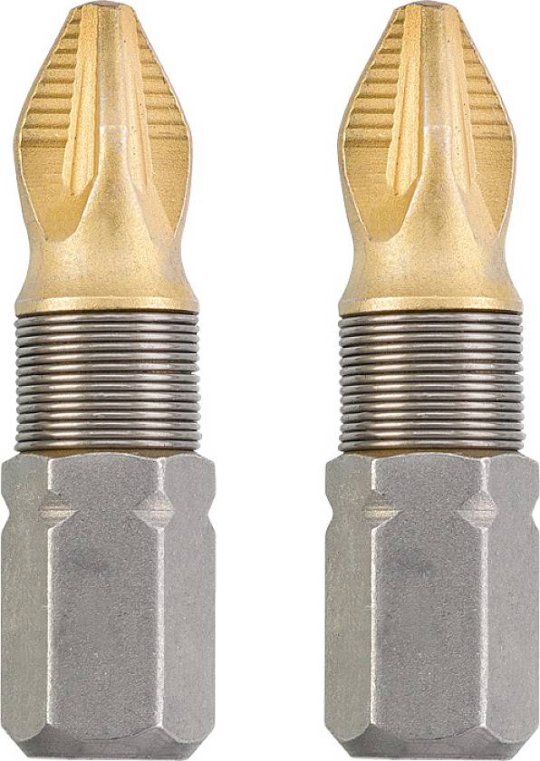 Deux embouts de tournevis avec têtes spéciales et partie médiane striée, aspect acier.