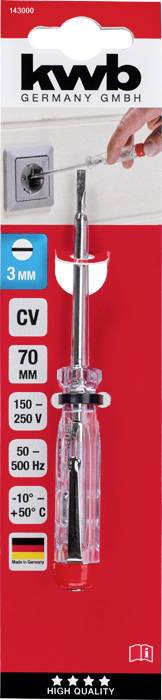 Testeur de tension 'Kwb' avec poignée rouge, manche transparent, pour tensions de 150-250 V, plage de température de -10 à 50 °C.