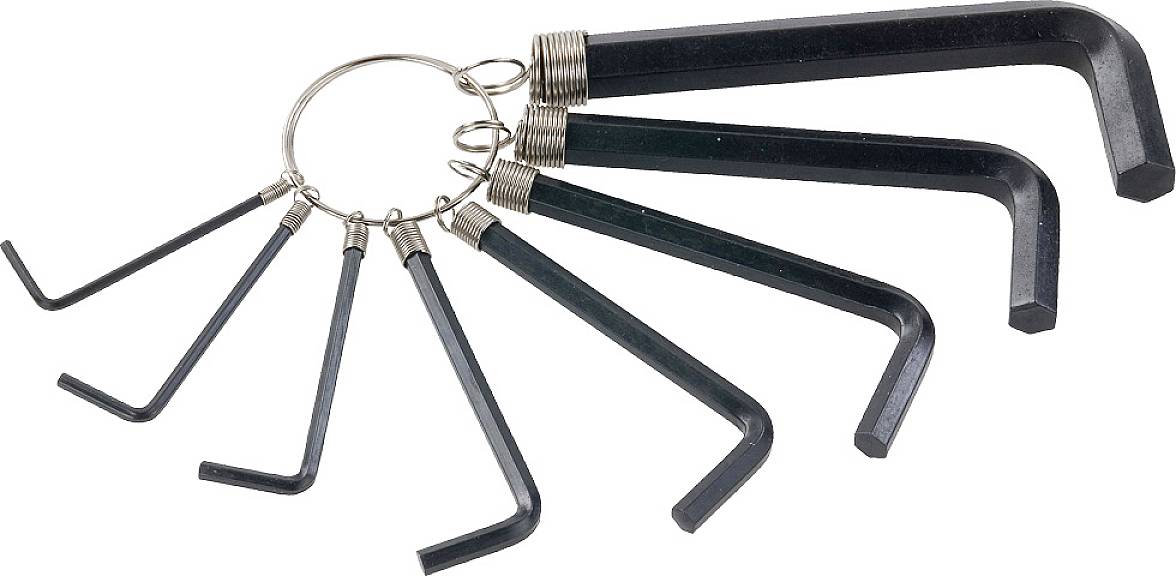 Un ensemble de clés hexagonales noires de différentes tailles, suspendues à un anneau métallique.