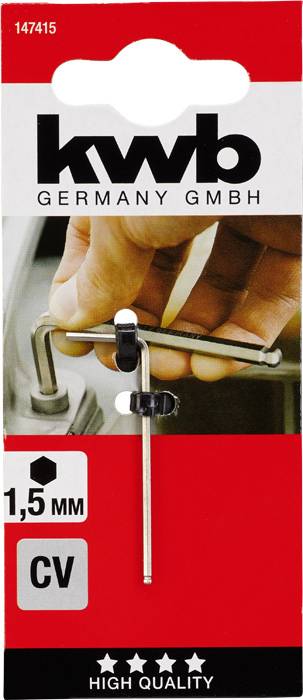 'KWB Germany GmbH' Clé Allen, taille 1,5 mm. Emballage illustré avec une clé Allen et une main. Évaluation de qualité : trois étoiles.