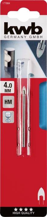 'KWB Germany GmbH' Emballage avec un foret HM de 4,0 mm. Fond rouge, image montrant un exemple d'application. Marqué comme 'Haute Qualité'.