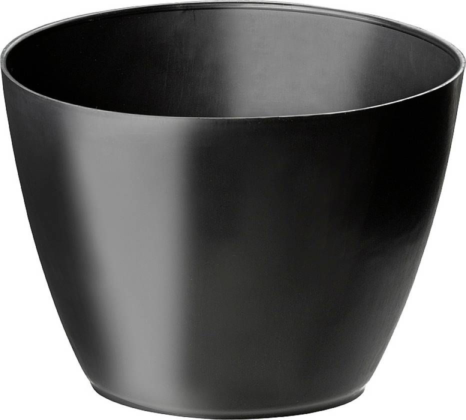 Un pot de fleurs noir, cylindrique, à surface lisse, vide.