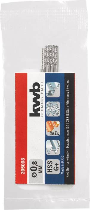 Boîte contenant des forets HSS-G de 0,8 mm de KWB, adaptés pour l'usinage des métaux. Détails du produit sur étiquette rouge et blanche.