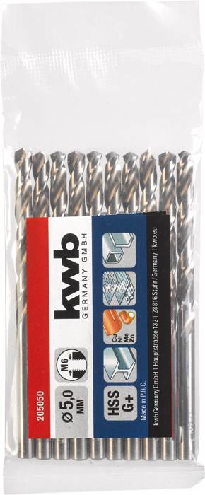 Un ensemble de forets en métal dans leur emballage d'origine, portant les marques 'kwb Germany GmbH' et 'HSS G+', adapté aux travaux sur métaux.
