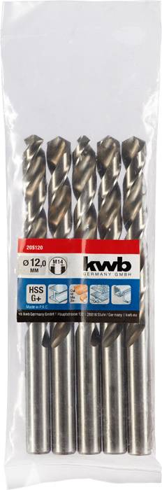 Coffret de 5 forets métalliques de marque 'kwb', diamètre 12,0 mm. Adaptés pour un perçage précis dans le métal.