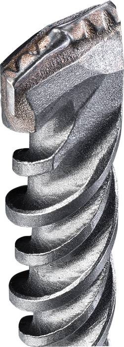 Gros plan d'un foret en métal gris avec un design hélicoïdal et une pointe acérée, adapté pour les perçages dans le béton.