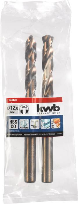 Deux forets en acier rapide (HSS) dans un emballage en plastique. L'étiquette affiche la marque 'kwb' avec des informations supplémentaires sur le produit.