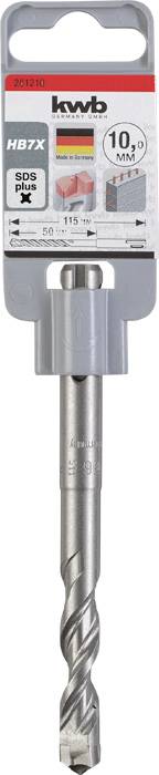 Foret 'HB7X', 10 mm, SDS Plus, adapté pour béton, briques, pierre. L'emballage présente les détails du produit et le nom de marque 'kwb'.