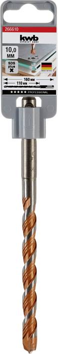 Foret de 10 mm de diamètre et 110 mm de long, adapté pour le béton et la pierre. L'emballage présente le logo de la marque et les drapeaux des pays.