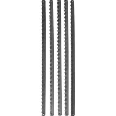 Cinq lames de scie longues et droites, dotées de dents régulières, disposées côte à côte.