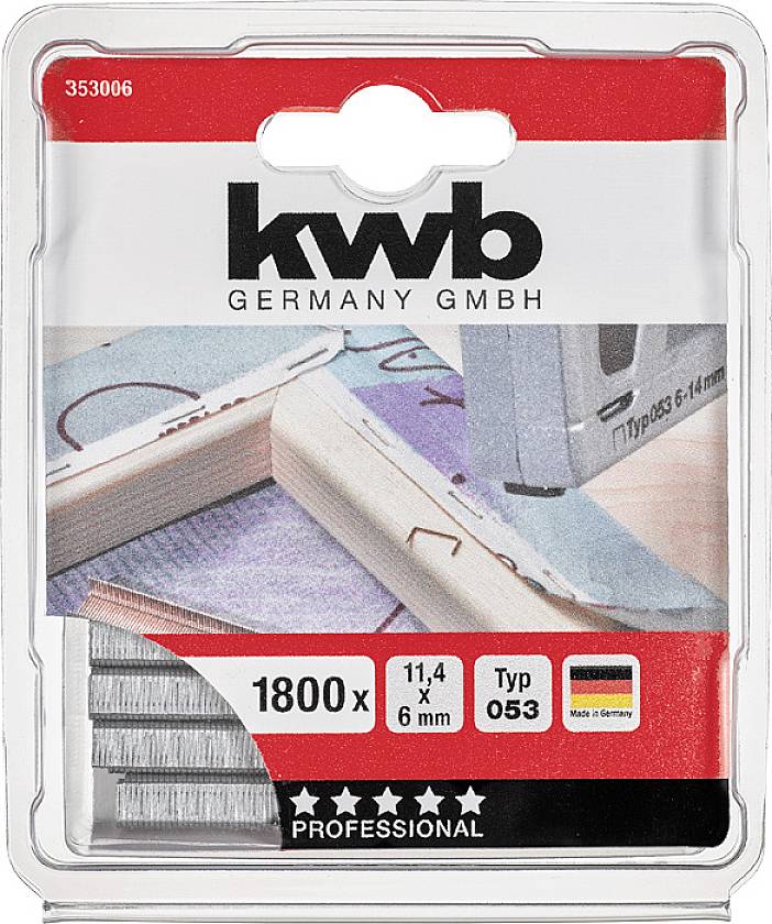 Boîte d'agrafes de la marque 'kwb'. Contient 1800 pièces, dimension 11,4 x 6 mm. Type 053. Marqué 'Made in Germany'.
