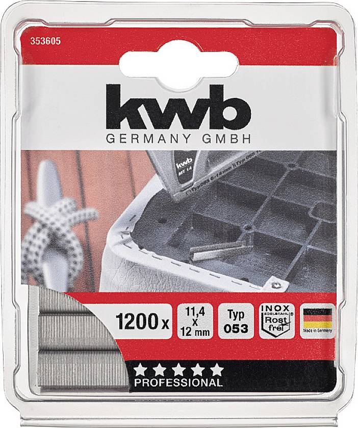 Boîte de 1200 agrafes de 'kwb Germany GmbH', type 053, 11,4 x 12 mm. Convient pour des applications professionnelles.