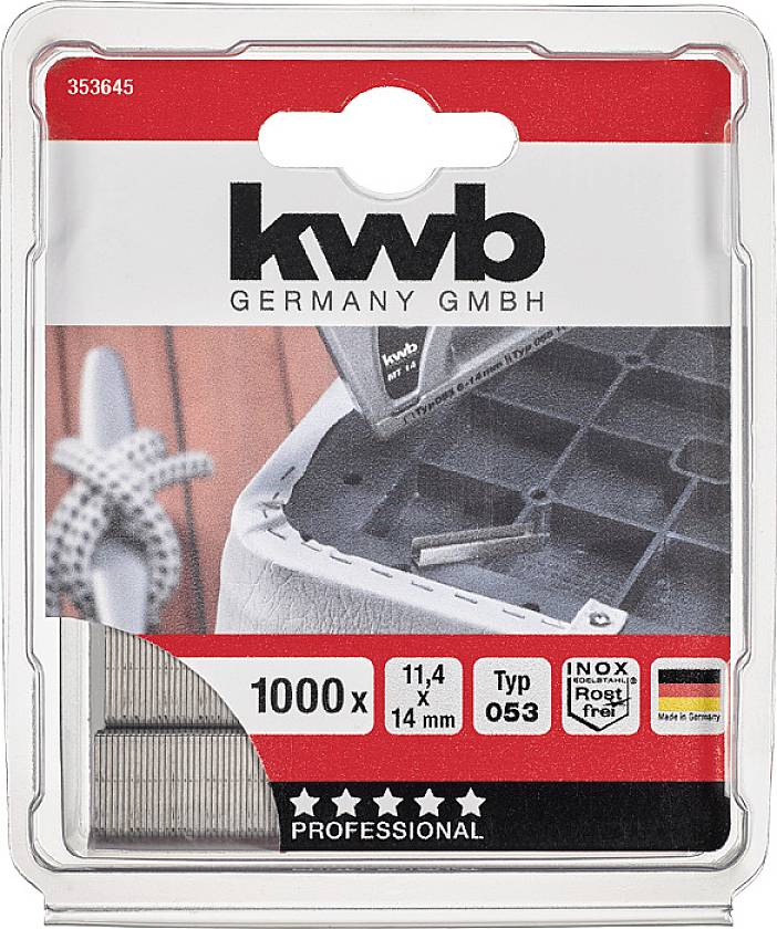 Pack de 1000 agrafes 'kwb' de type 053, 11,4 x 14 mm, inoxydables, adaptées aux applications professionnelles, fabriquées en Allemagne.
