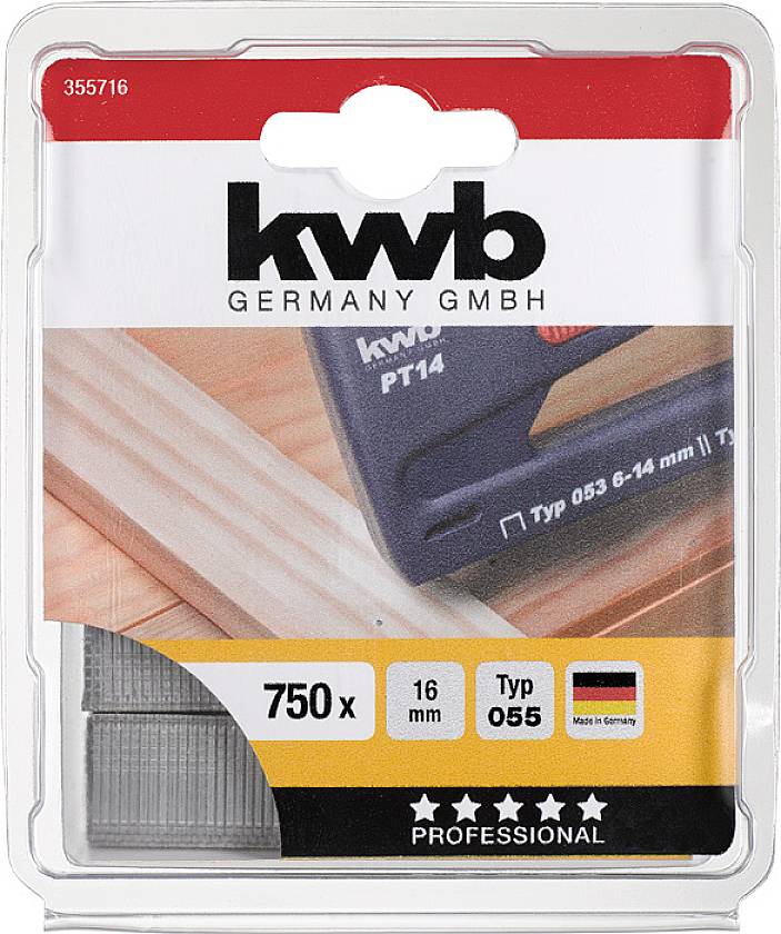 Boîte d'agrafes de marque 'kwb', 750 pièces, 16 mm, type 055, fabriquées en Allemagne. Contient une image d'un agrafeuse.