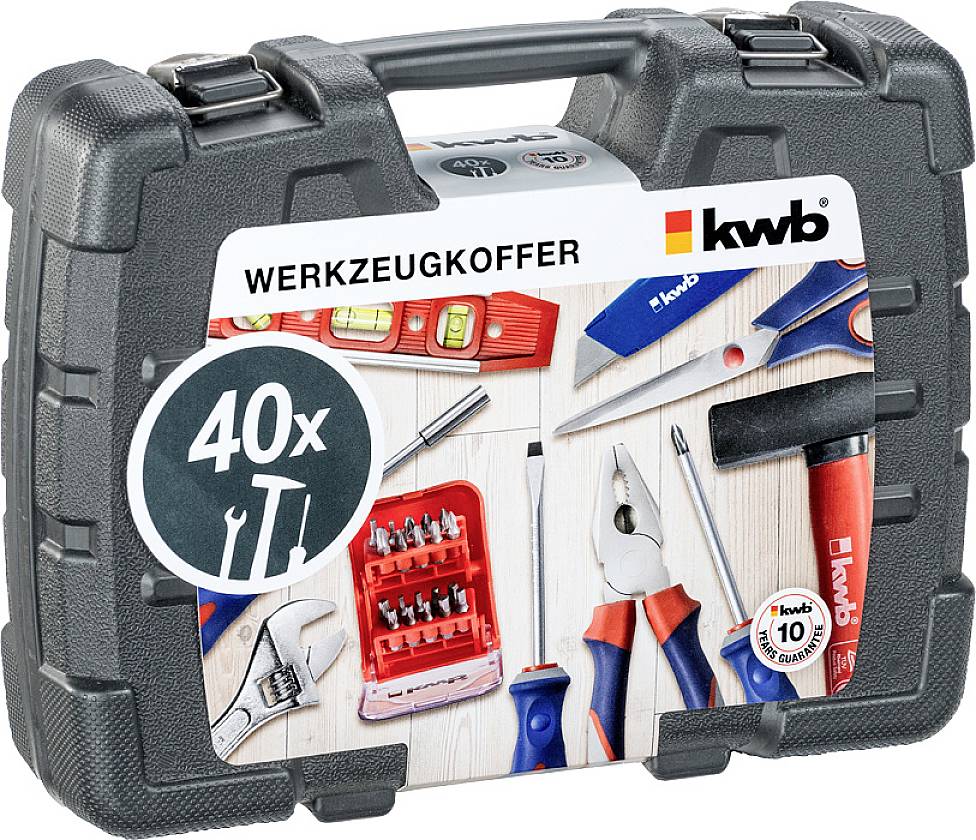 Coffret à outils de 40 pièces, avec divers outils illustrés, comprenant des clés, des pinces et des tournevis.
