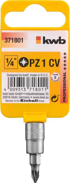 Outil 'Kwb Bit PZ 1 CV' sur carte jaune, avec code-barres et informations du fabricant. Usage : visser avec entraînement Pozidriv.