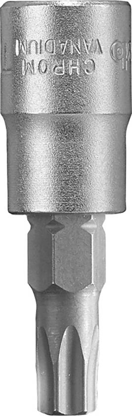 Un embout à six pans en argent avec une pointe en forme d'étoile. Adapté pour tournevis, inscription "Chrome Vanadium".