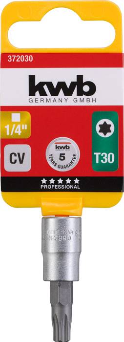 Un embout de tournevis T30 de la marque kwb avec entraînement hexagonal de 1/4 de pouce, adapté aux applications professionnelles.