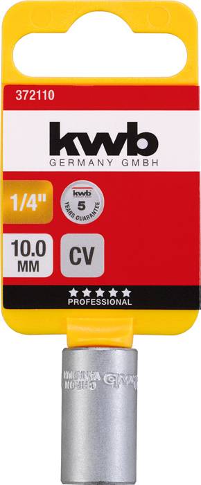 'kwb Germany GmbH' Douille de 10 mm, entraînement 1/4", numéro de modèle 372110. Emballage en rouge et jaune, avec étiquette de garantie de qualité.