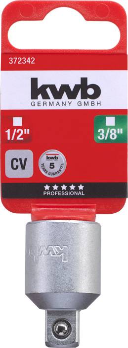 Un adaptateur de douille KWB, taille 1/2" sur 3/8", en acier CV, dans son emballage de vente avec étiquette rouge, promu comme professionnel.