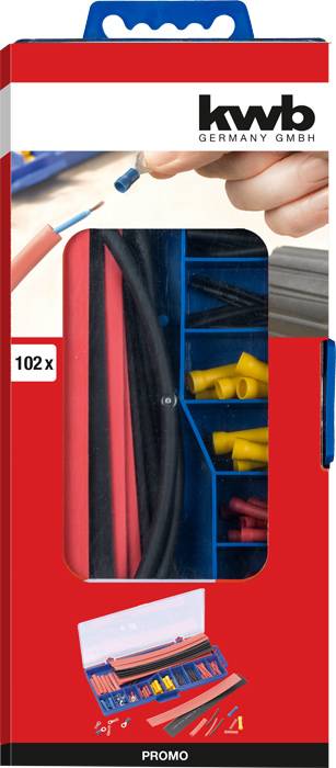 Emballage d'un kit de gaines thermorétractables de la marque KWB comprenant 102 pièces. Présente différentes gaines thermorétractables colorées et des câbles.