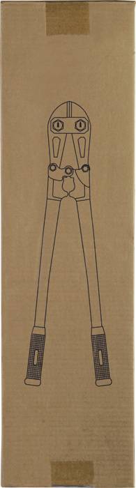 Un long carton beige avec l'image d'un coupe-boulons sur la face avant.