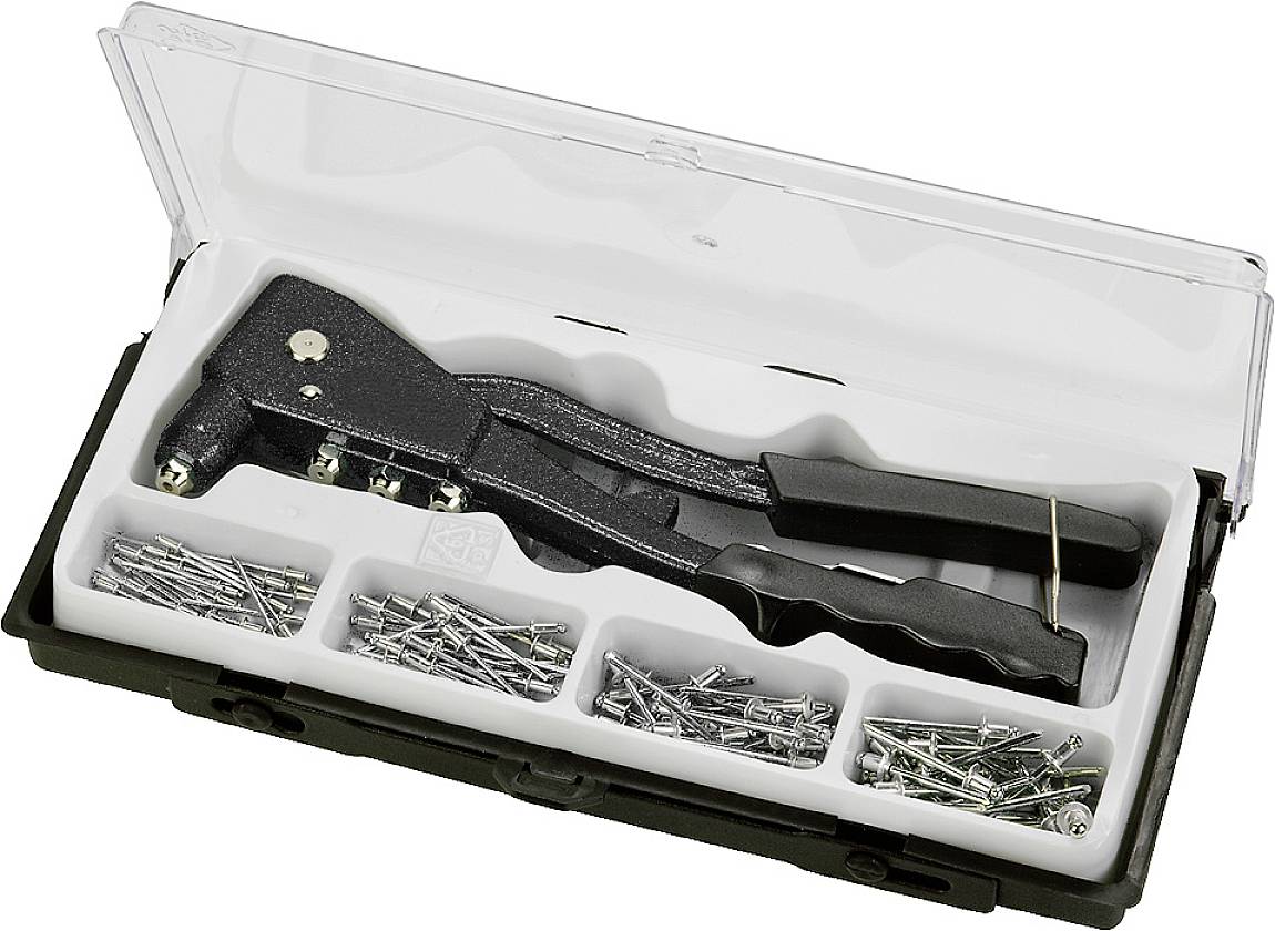 Boîte à outils comprenant un pince à rivets pop et plusieurs compartiments pour rivets de différentes tailles, destinée à la fixation et au travail des matériaux.