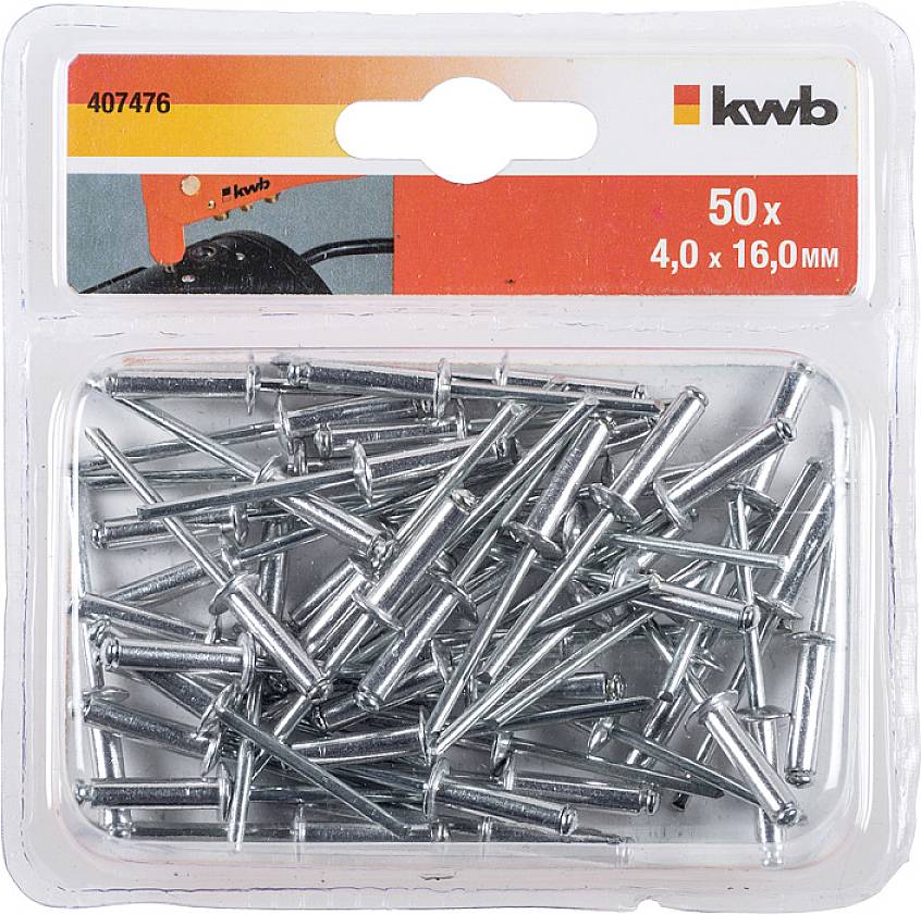 Lot de 50 rivets en acier, 4,0 x 16,0 mm, dans un boîtier en plastique. Logo de marque en haut à droite. Convient à différentes applications de fixation.