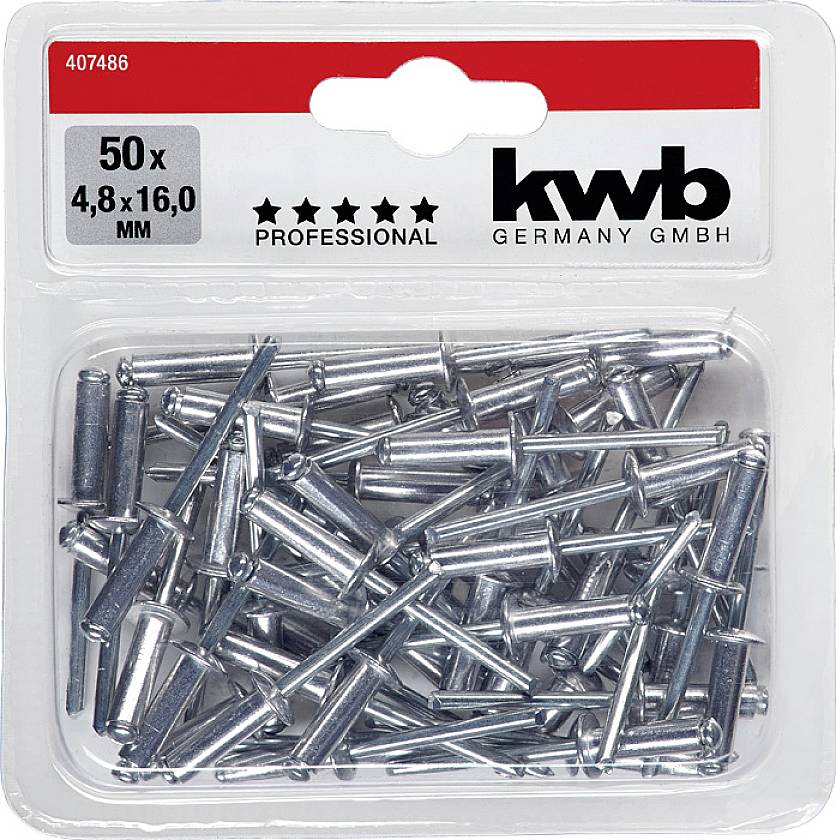 Boîte de 50 rivets aveugles, taille 4,8 x 16,0 mm, de la marque kwb Professional.