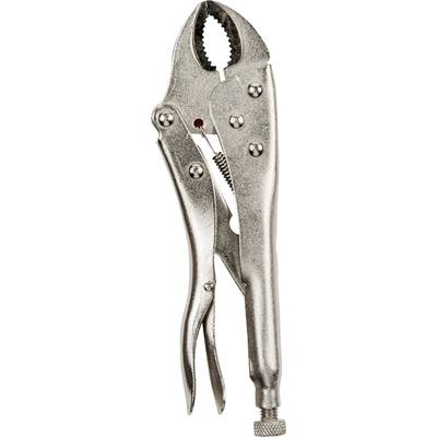 Une pince de serrage en argent avec une poignée réglable et des mâchoires dentées pour une fixation sécurisée des objets.